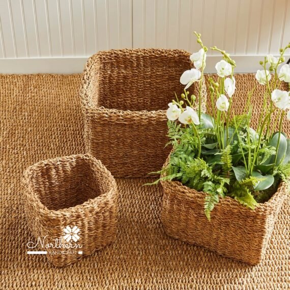 Seagrass Square Baskets With Cuffs, Set Of 3