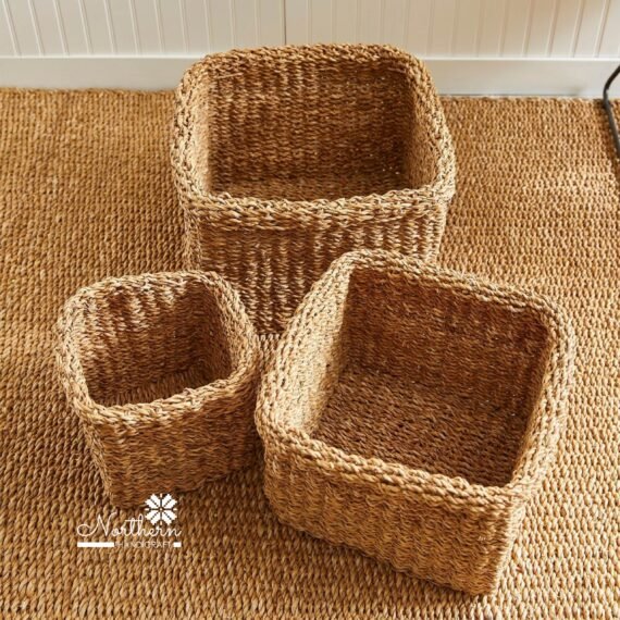 Seagrass Square Baskets With Cuffs, Set Of 3