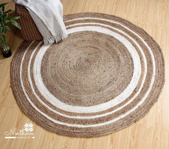 Jute Round Rug |Handwoven | Natural Fiber with White Stripe Design