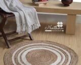 Jute Round Rug |Handwoven | Natural Fiber with White Stripe Design