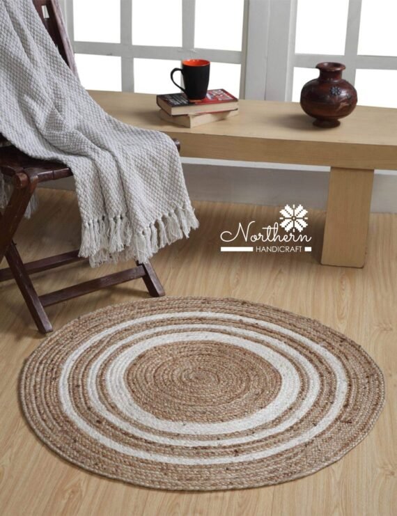 Jute Round Rug |Handwoven | Natural Fiber with White Stripe Design