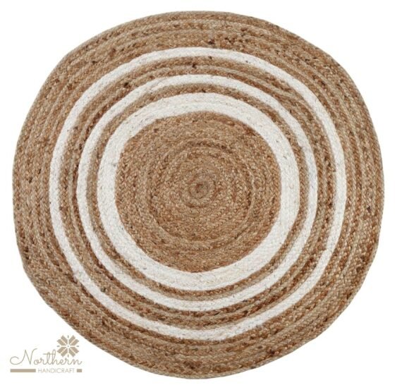Jute Round Rug |Handwoven | Natural Fiber with White Stripe Design